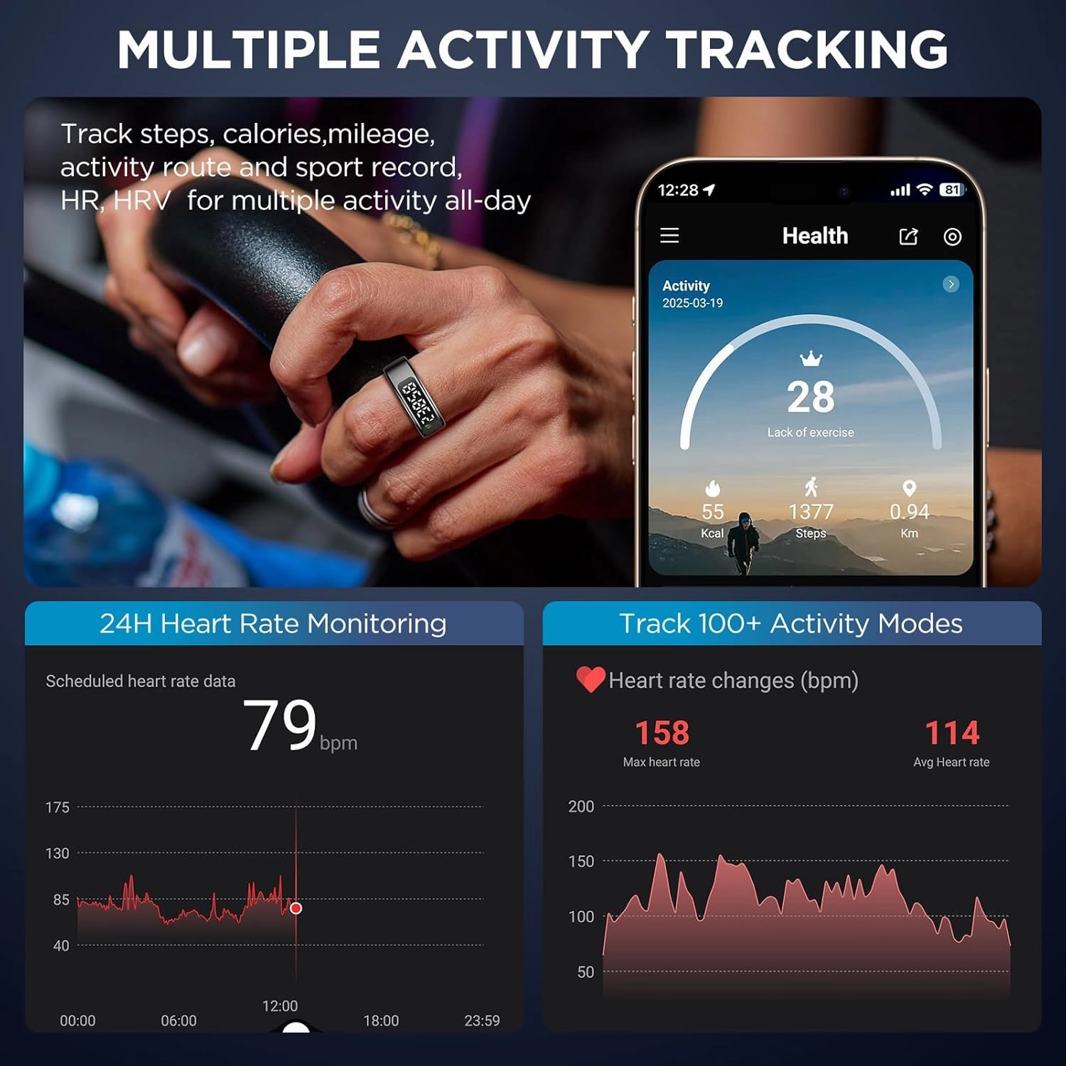 Smart Rings for Men with Display Screen, Fitness Ring with Wireless Charging, Sleep Tracker Ring with Heart Rate, Health Rings for Activity Monitoring/Steps/Calories, for iOS Android (Black,13#)