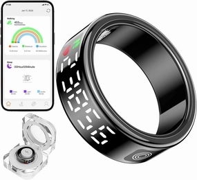 Smart Rings for Women Men Health Rings with Charging Case, Display Screen, IP68 Waterproof, Fitness Tracker with Heart Rate, Blood Oxygen, Sleep Tracker, Step Tracker (Black, 12#)