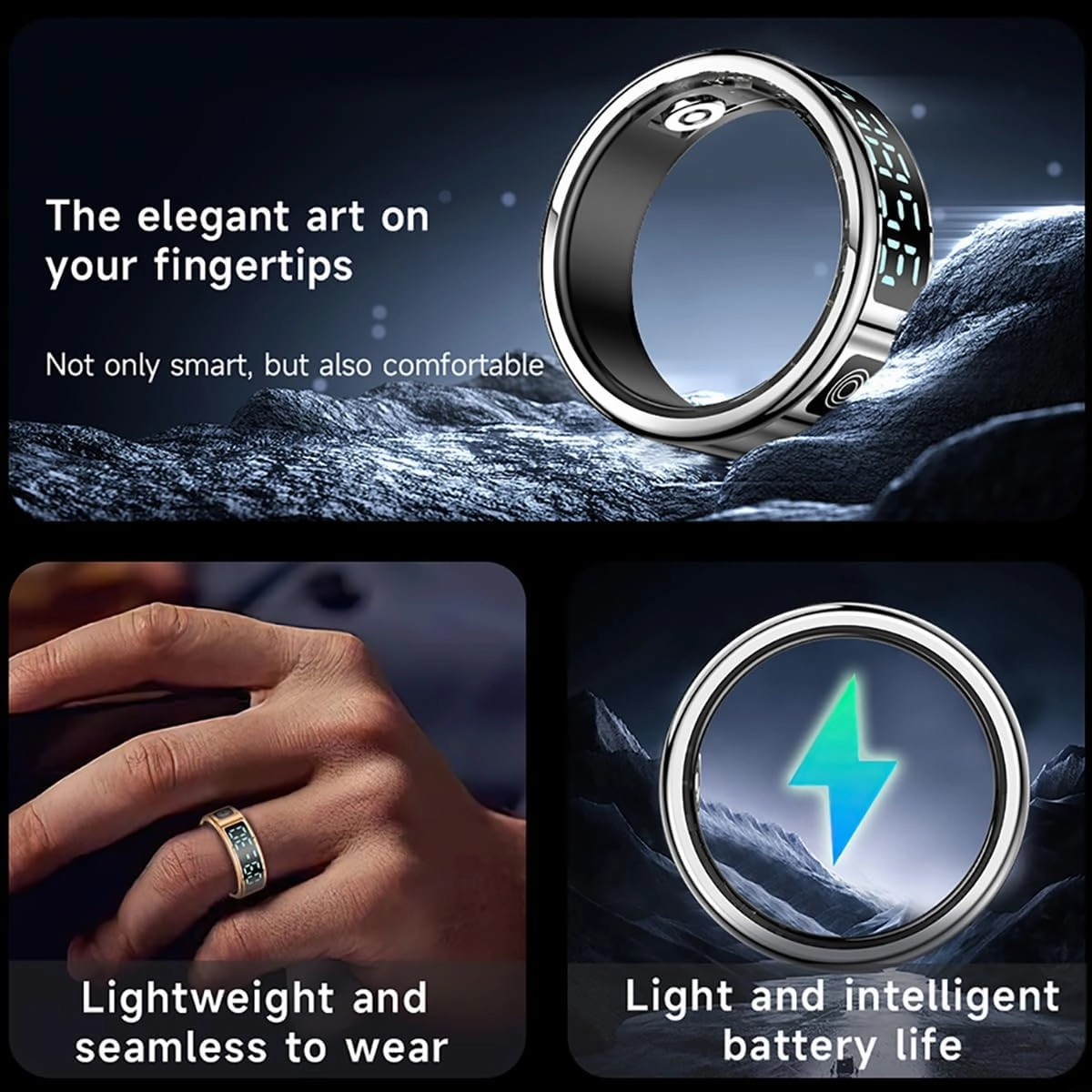Smart Rings for Women Men Health Rings with Charging Case, Display Screen, IP68 Waterproof, Fitness Tracker with Heart Rate, Blood Oxygen, Sleep Tracker, Step Tracker (Black, 12#)
