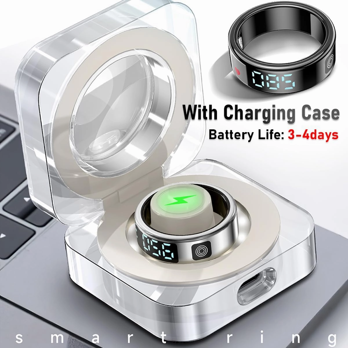 Smart Rings for Women Men Health Rings with Charging Case, Display Screen, IP68 Waterproof, Fitness Tracker with Heart Rate, Blood Oxygen, Sleep Tracker, Step Tracker (Black, 12#)