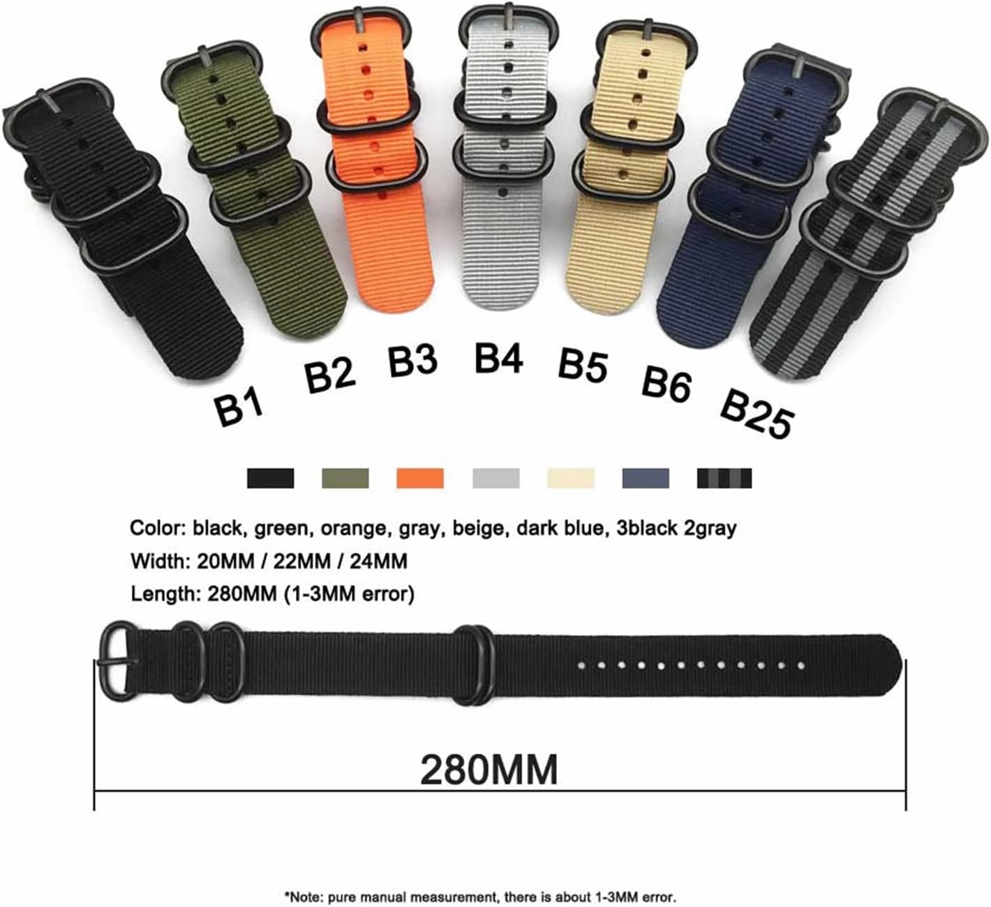 Smartwatch Bands,Universal Strap,20/22/24mm Men Solid Color Nylon Military Watch Band with Black 5 Rings Buckle Striped WatchBand Replacement Accessories