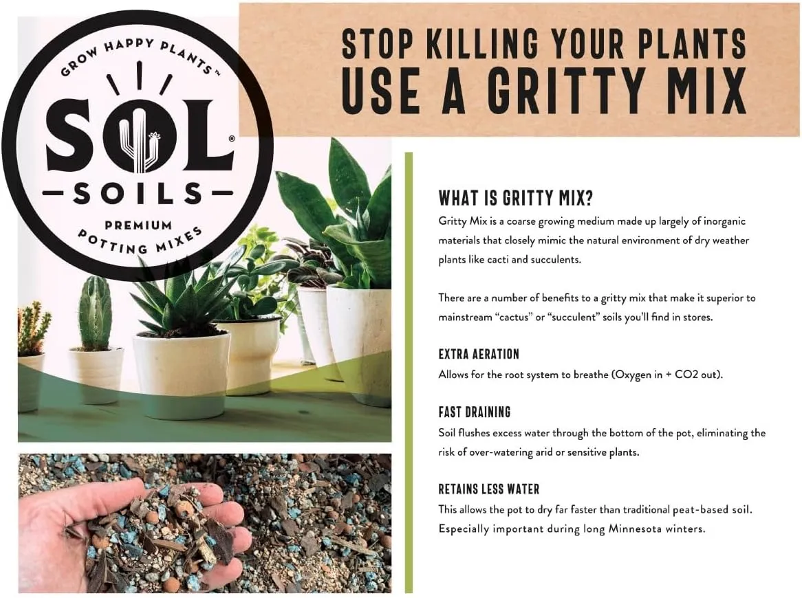 Sol Soils Gritty Cactus Soil Potting Mix - Fast Draining and Peat Moss Free with Coconut Husk Chips, Granite, Calcined Clay & Pumice for Indoor and Outdoor Plants - 1 Gallon
