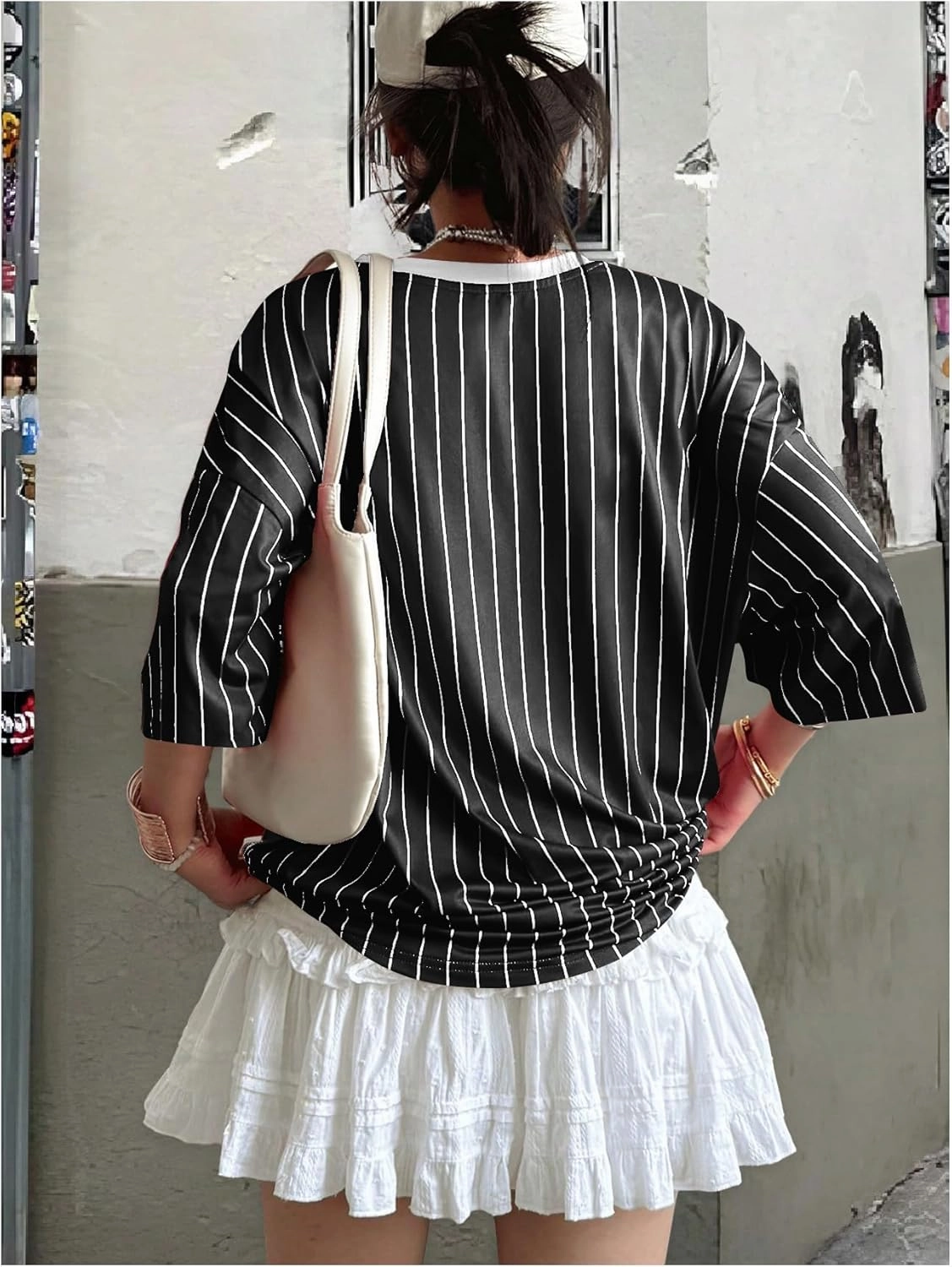SOLY HUX Jersey Shirts for Women Y2k Oversized T Shirt Striped Number Graphic Tees V Neck Half Sleeve Streetwear Tops