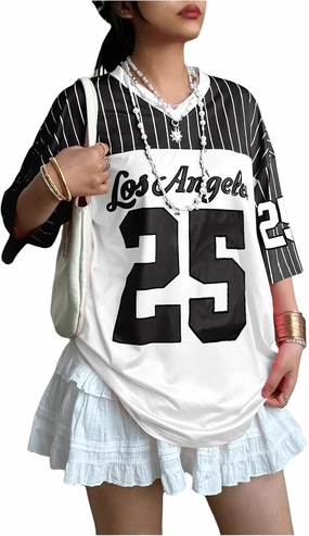 SOLY HUX Jersey Shirts for Women Y2k Oversized T Shirt Striped Number Graphic Tees V Neck Half Sleeve Streetwear Tops