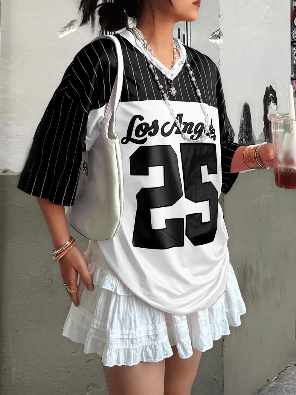 SOLY HUX Jersey Shirts for Women Y2k Oversized T Shirt Striped Number Graphic Tees V Neck Half Sleeve Streetwear Tops