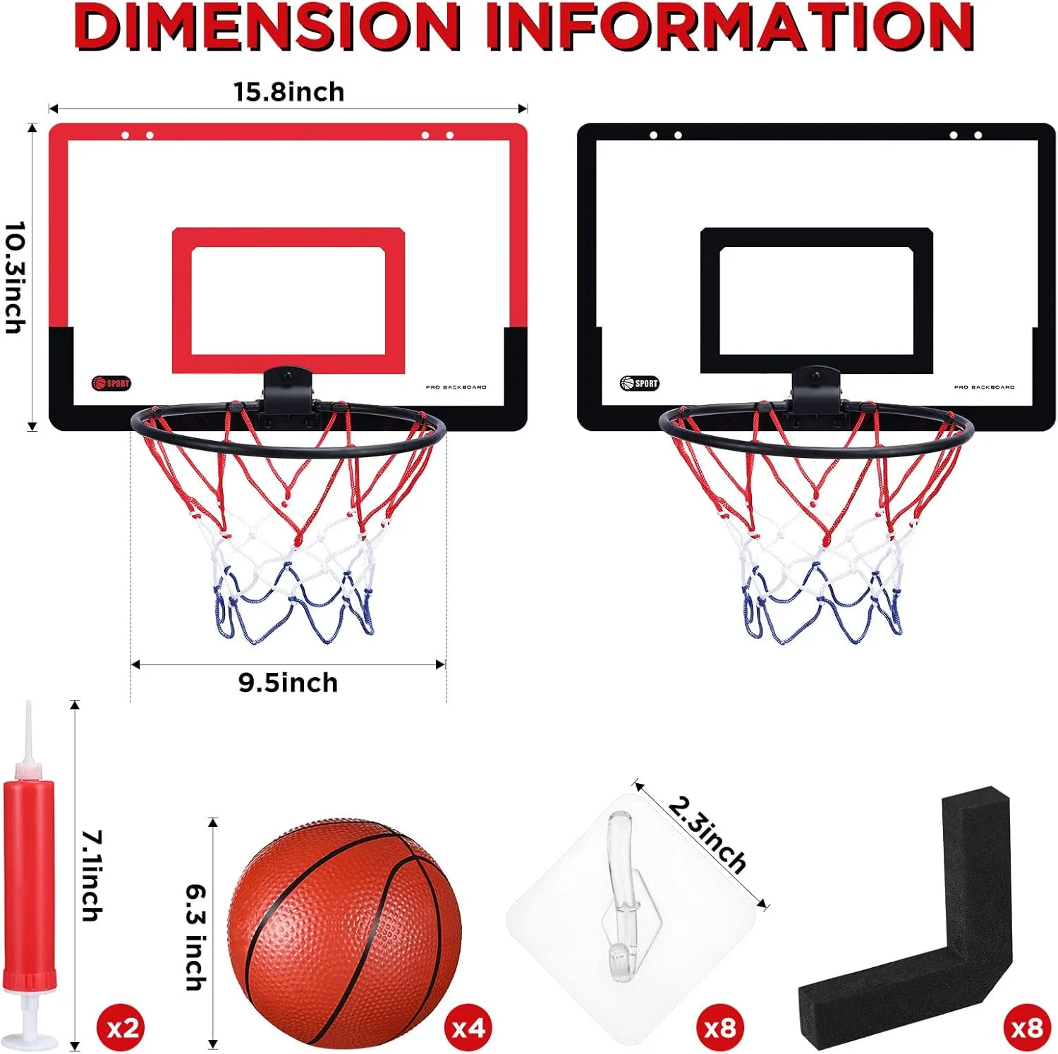 Sosation 2 Pcs Mini Basketball Hoop with 4 Basketball, Sticky Hook, Pump, Indoor No Drilling Basket Ball Hoop Decompress Game for Kid Adult Gift Back to School
