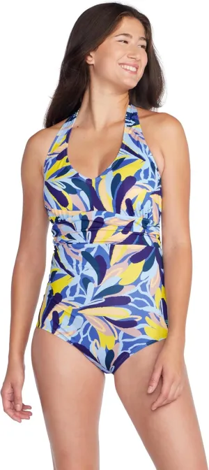 Speedo Women's Swimsuit One Piece V-Neck Shirred Halter Moderate Cut