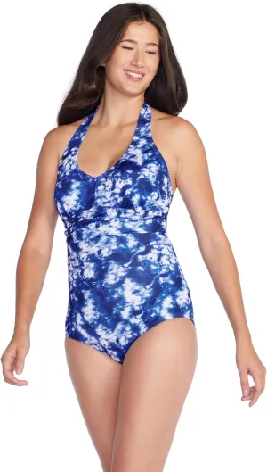 Speedo Women's Swimsuit One Piece V-Neck Shirred Halter Moderate Cut
