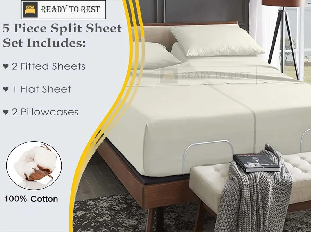 Split King 5 Piece Sheet Set - Adjustable Split Bed Sheets for Sleep Number Bed - 100% Long Staple Cotton - 15" Deep Pocket - 2 Twin-XL Fitted Sheets - Soft Cooling Bedsheets - Ivory Solid