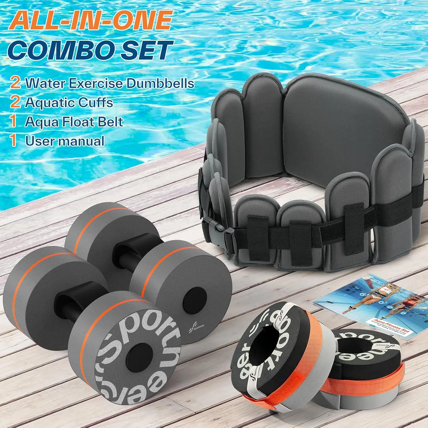 Sportneer Water Aerobics Pool Exercise Equipment Water Workout Combo Set Includes High Density Water Dumbbell Aqua Belt Water Ankle Weights for Aquatic Therapy Pool Fitness Water Exercise