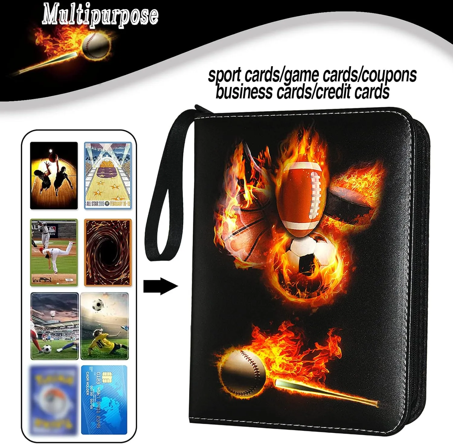 Sports Card Binder, Trading Card Binder 4 Pocket with 50 Sleeves Fits 400 Sport Cards, Sports Card Holder Binder with Zipper, Football Baseball Basketball Hockey Card Collection Storage Album