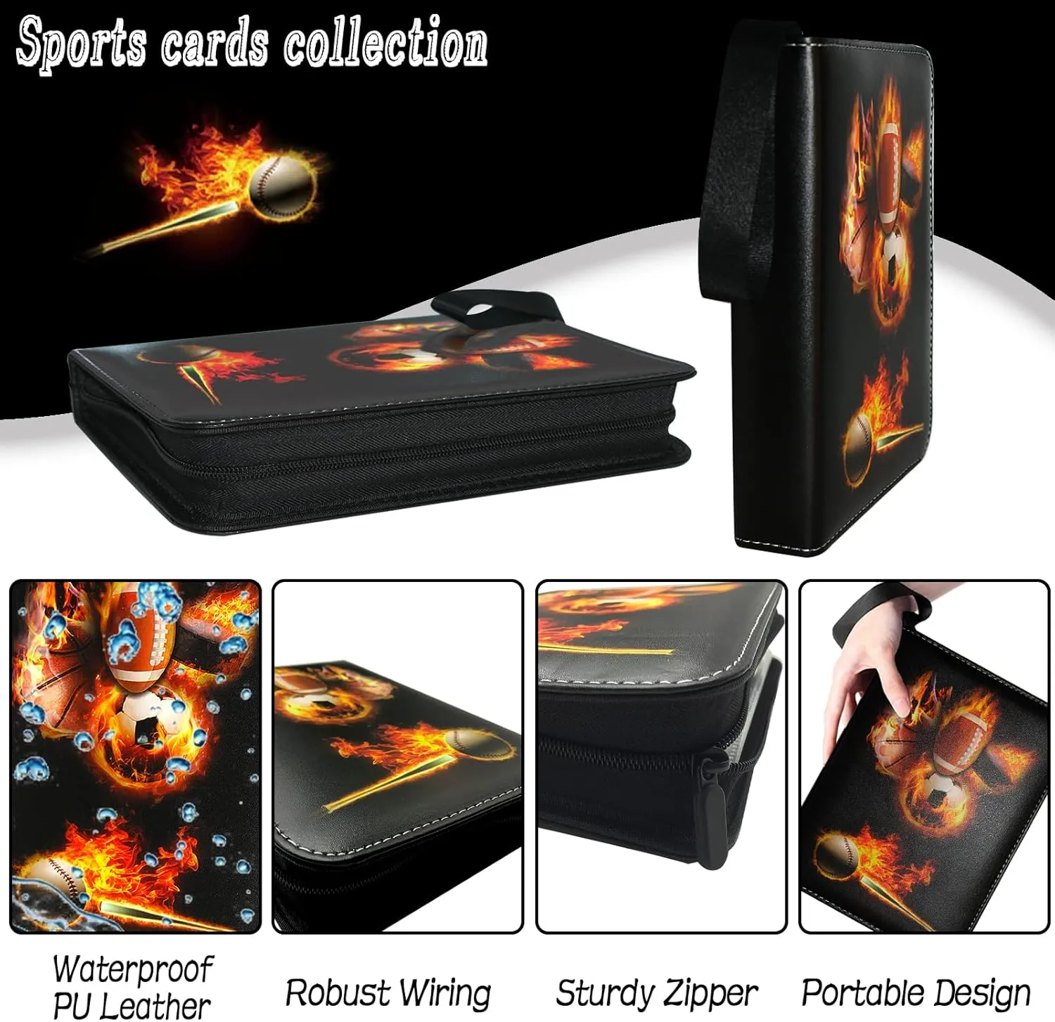 Sports Card Binder, Trading Card Binder 4 Pocket with 50 Sleeves Fits 400 Sport Cards, Sports Card Holder Binder with Zipper, Football Baseball Basketball Hockey Card Collection Storage Album