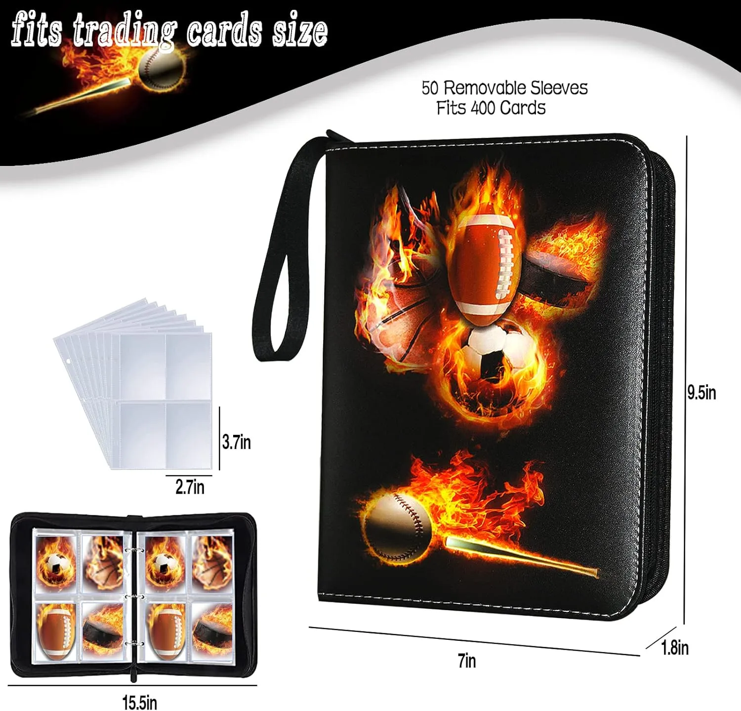 Sports Card Binder, Trading Card Binder 4 Pocket with 50 Sleeves Fits 400 Sport Cards, Sports Card Holder Binder with Zipper, Football Baseball Basketball Hockey Card Collection Storage Album