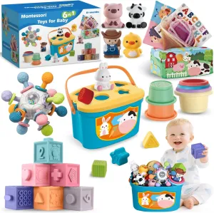 SpringFlower 0-3-6-12 Months Baby Toys, 5 in 1 Montessori Toys for Babies, Teething Toy & Stacking Building Block & Ring & Silicone Pull String, Sensory Development Baby Infant Toy, Gift for Babies