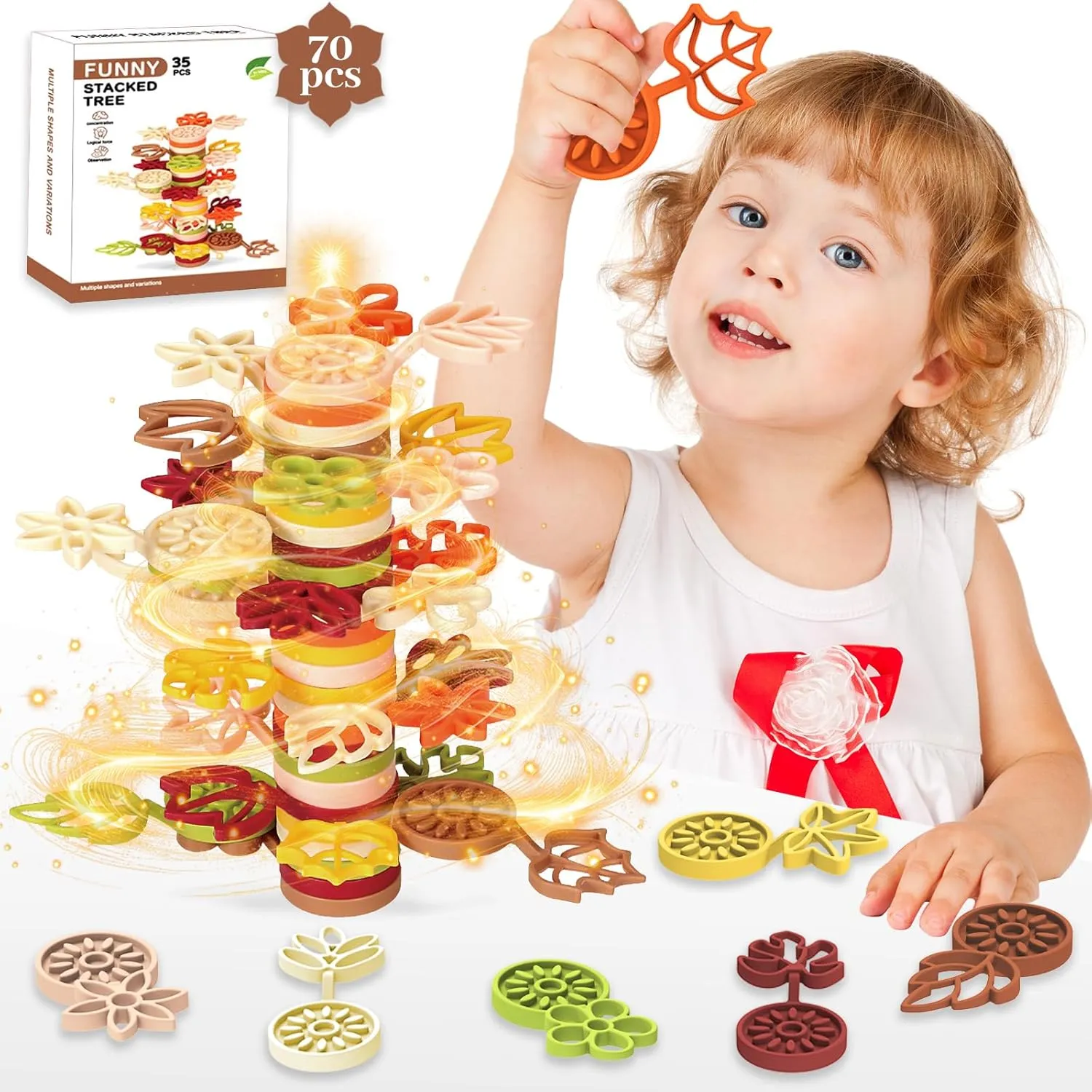 Stacking Toys for Toddlers 3 ,Montessori Toys Stack Rainbow Flower Tree Plastic Stack Blocks, DIY Stacking Game for Preschool Toddlers,Balance & Coordination Skills Sorting Sensory Toys (70-PCS)