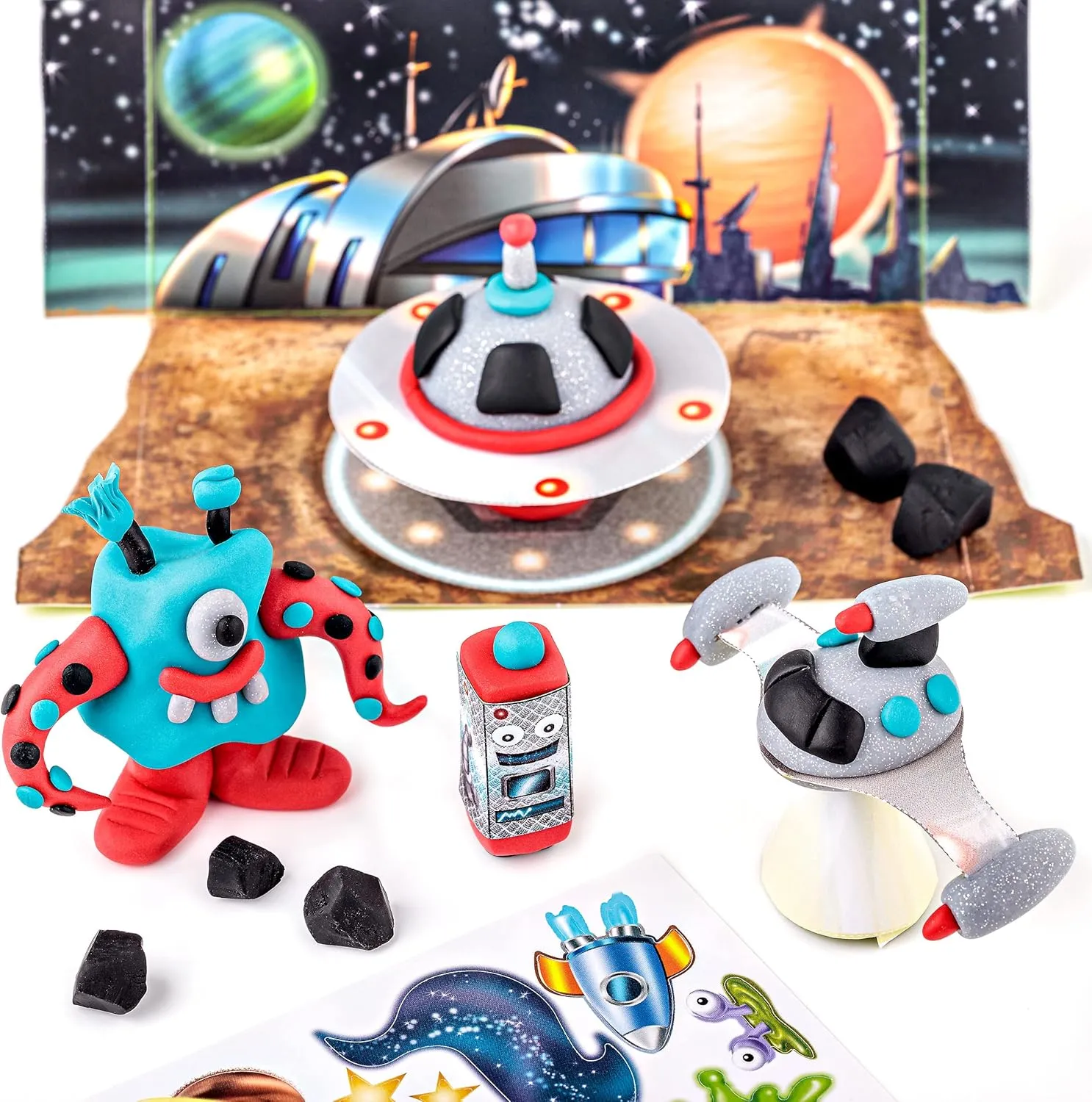 STAEDTLER 8034 17 LZ FIMO Kids Form&Play Playtime & Modelling Polymer Clay Set - Space Monsters (Pack of 4 Blocks, Stickers, Modelling Tools & Background Scene)