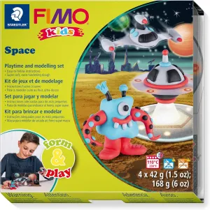 STAEDTLER 8034 17 LZ FIMO Kids Form&Play Playtime & Modelling Polymer Clay Set - Space Monsters (Pack of 4 Blocks, Stickers, Modelling Tools & Background Scene)