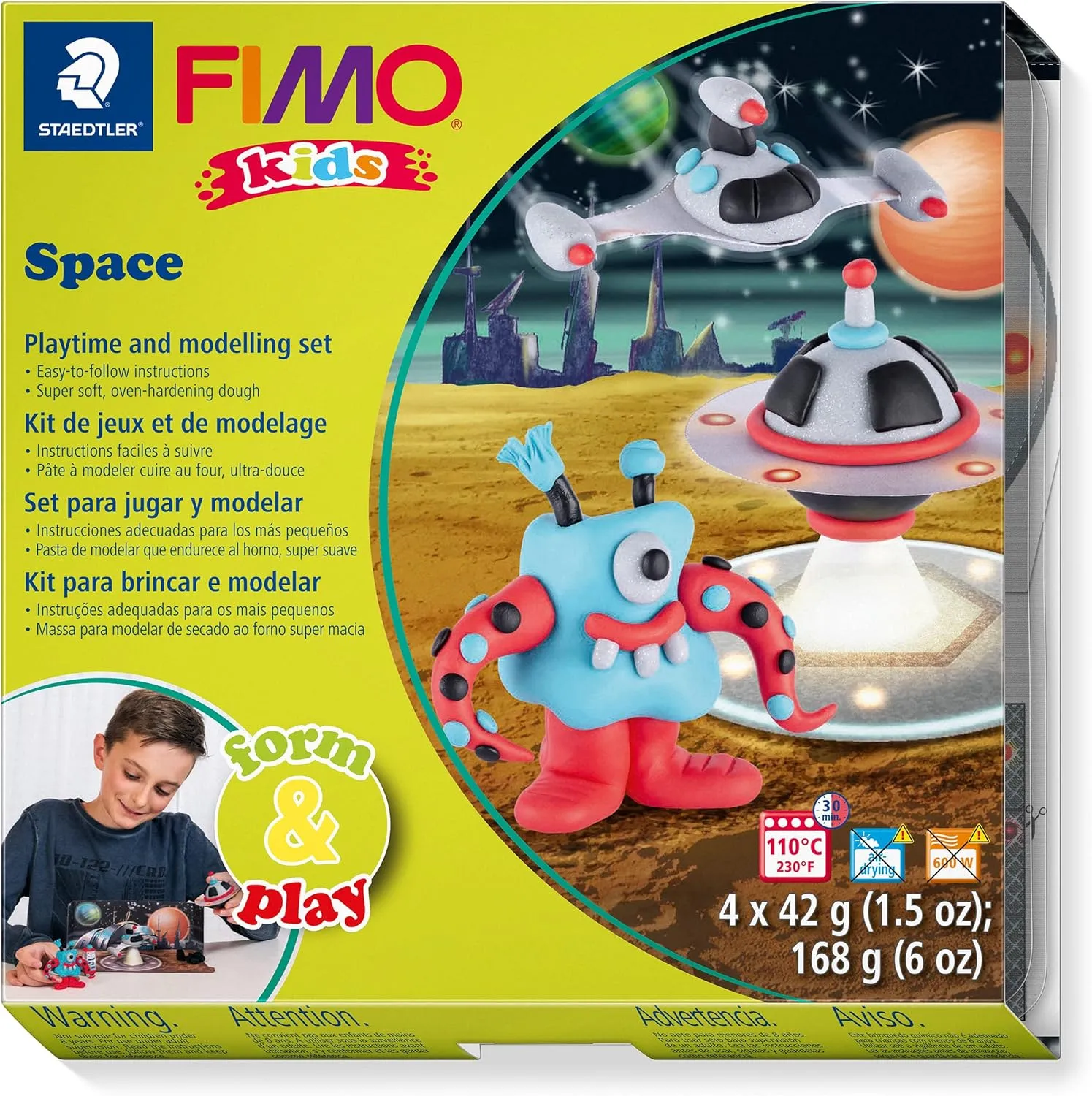 STAEDTLER 8034 17 LZ FIMO Kids Form&Play Playtime & Modelling Polymer Clay Set - Space Monsters (Pack of 4 Blocks, Stickers, Modelling Tools & Background Scene)
