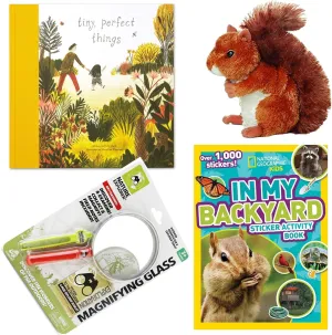 STEAM STEM Educational Gift Set with Tiny, Perfect Things by Clark and Kloepper, National Geographic Kids in My Backyard Sticker Activity Book, Aurora Squirrel and Nature Explorer Magnifying Glass