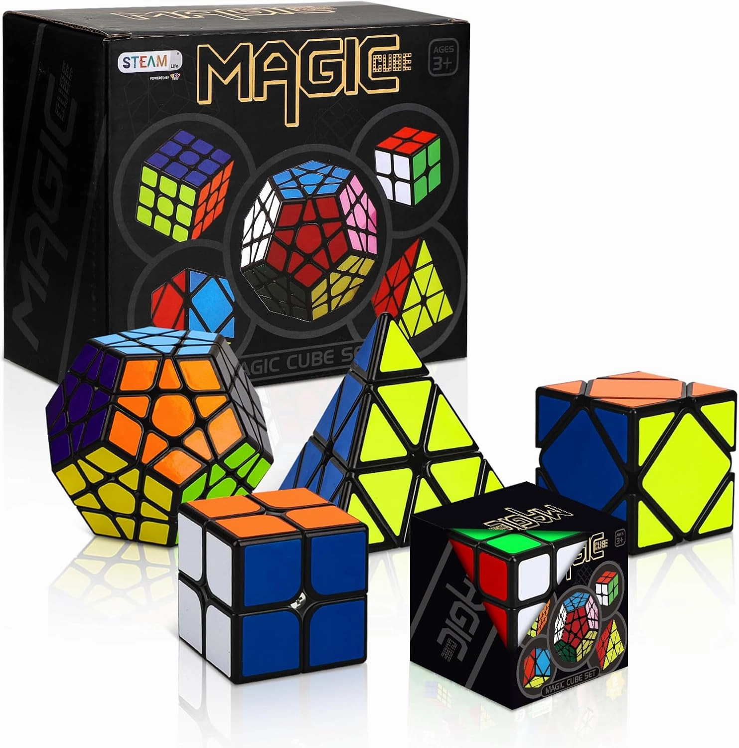 STEAM Life Speed Cube Set 5 Pack Magic Cube, Includes Speed Cubes 3x3, 2x2 S, Pyramid Cube, Megaminx Cube Puzzle Cube Bundle for Kids & Adults, Stocking Stuffers for Boys
