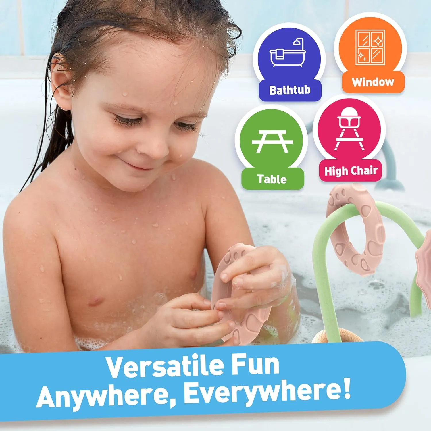 Suction Cup Sensory Bath Toys - 24hr Strong Hold Play Activity for Babies, Silicone Sensory Bath Time, Montessori Teething Toy for Infants and Toddlers, Baby Highchair Toy for 0-12 Months