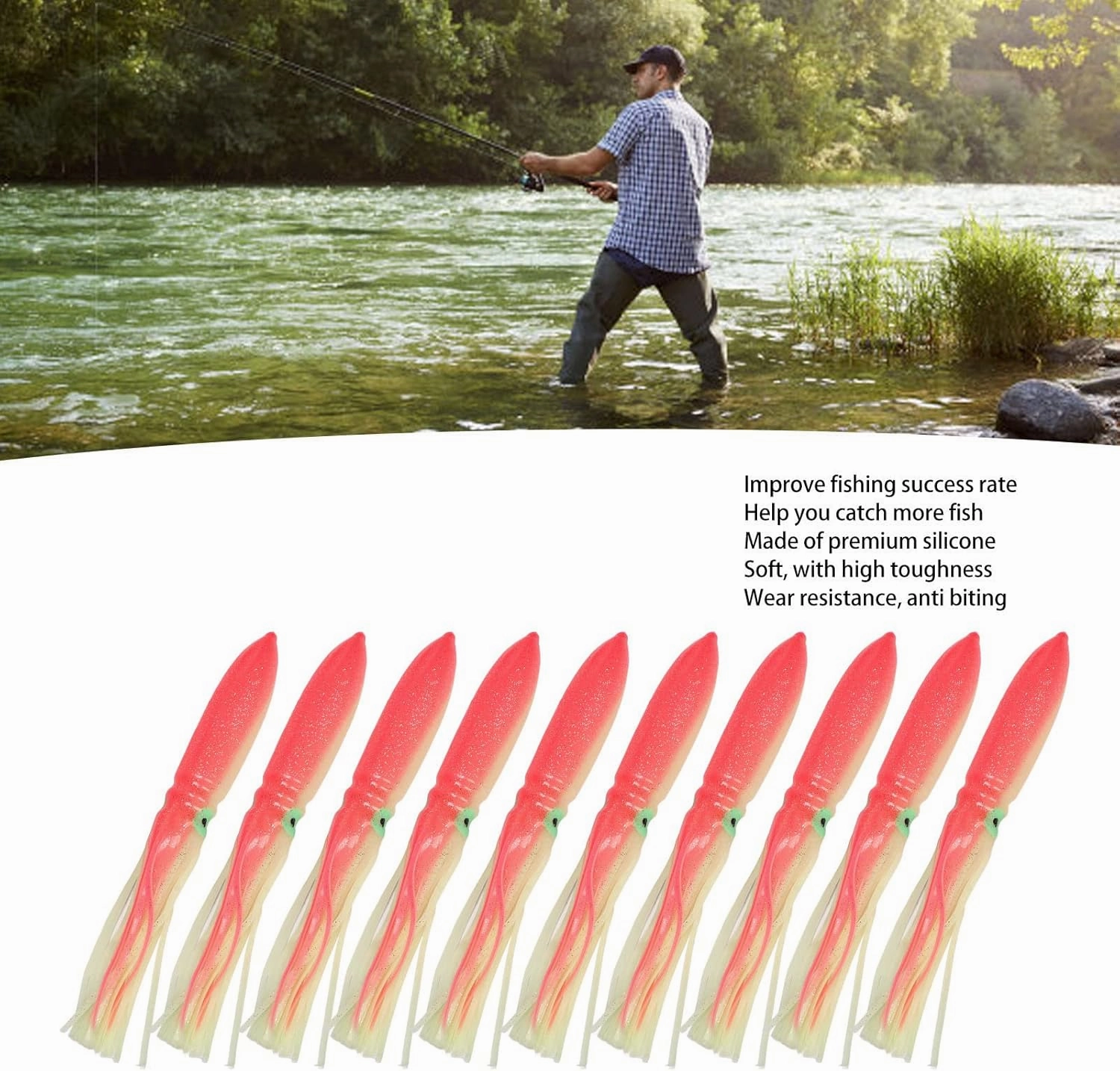 SYH&AQYE 10Pcs Fishing Lure, 30Cm/11.8in Luminous Squid Lures, Silicone Fishing Bait with Hook for Freshwater Saltwater, Trout Crappie Fishing Gear
