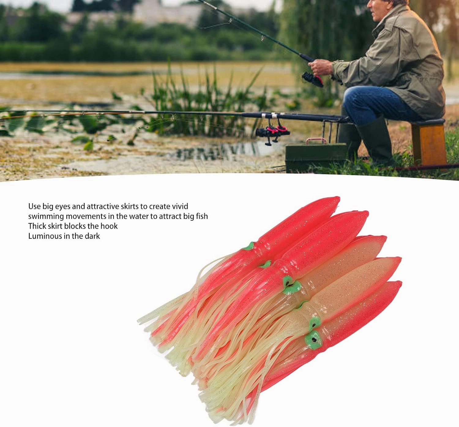 SYH&AQYE 10Pcs Fishing Lure, 30Cm/11.8in Luminous Squid Lures, Silicone Fishing Bait with Hook for Freshwater Saltwater, Trout Crappie Fishing Gear
