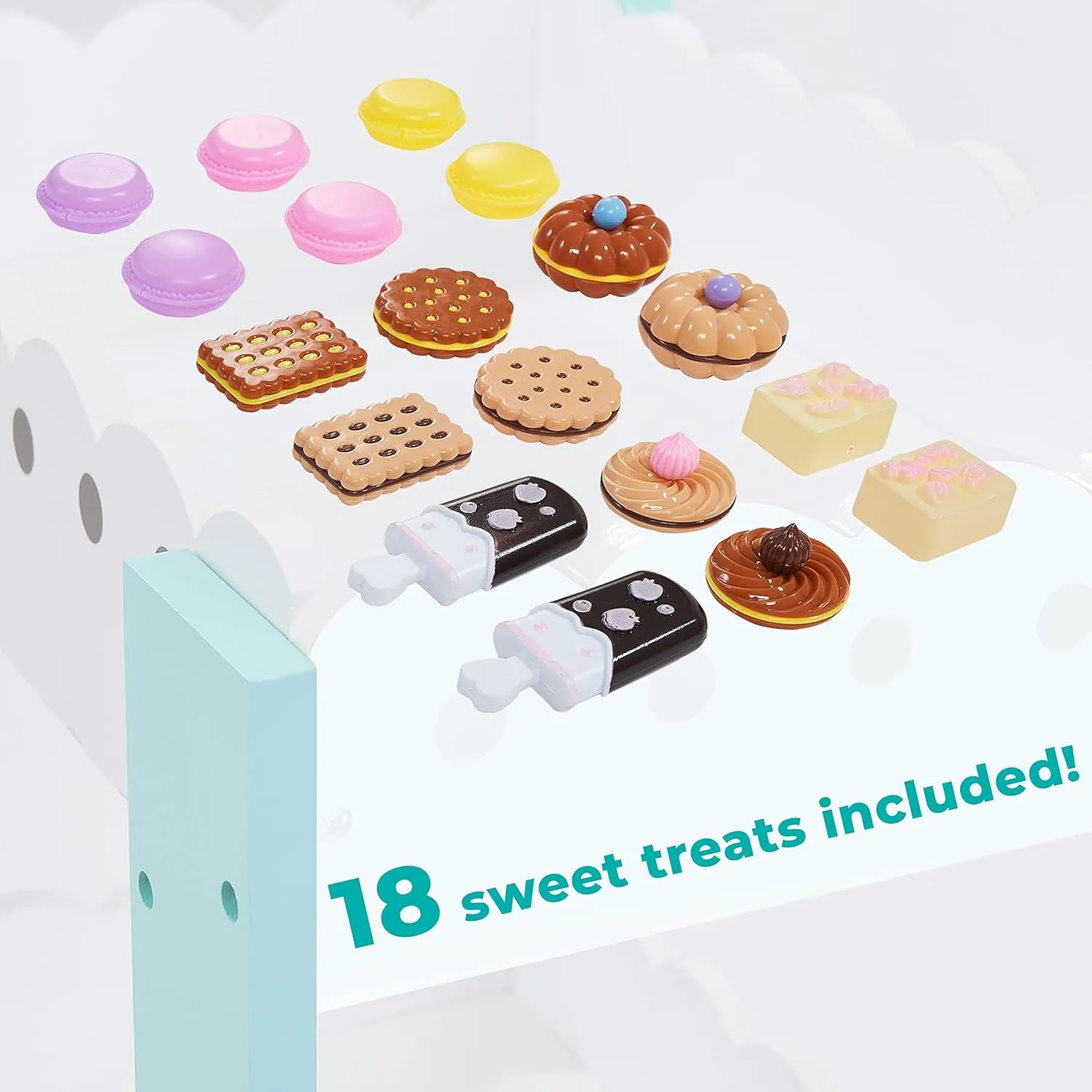 Teamson Kids My Dream Bakery Shop Dessert Stand and Rolling Pastry Cart Interactive Wooden Play Set with 18 Pretend Baked Goods, White and Mint Green with Gray Polka Dot Accents