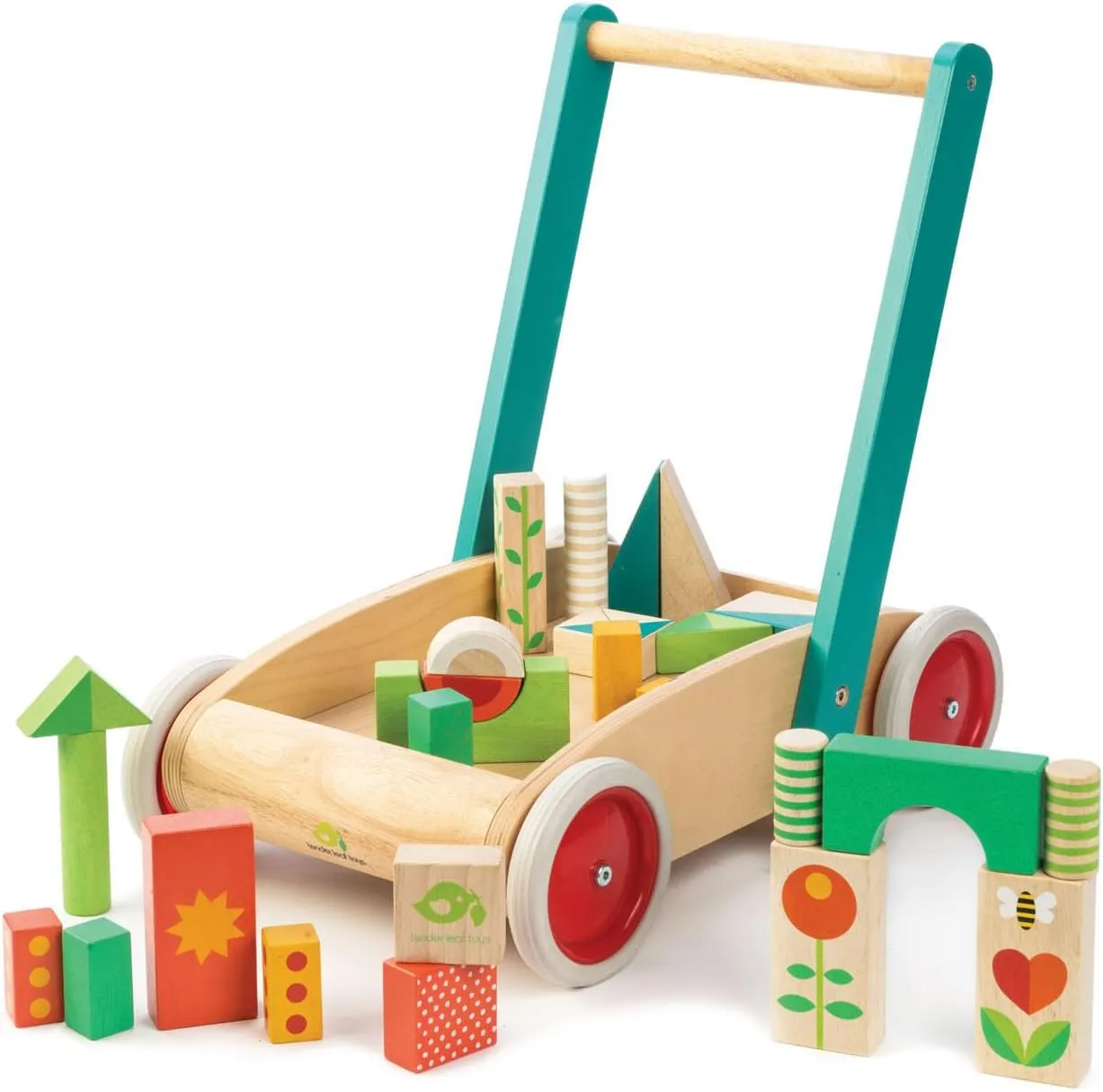 Tender Leaf Toys Baby Block Wooden Walker - Includes 29 Garden Themed Wooden Toy Blocks - Premium Quality Construction - Develops Balance, Strength & Creative Play - 18 Month  