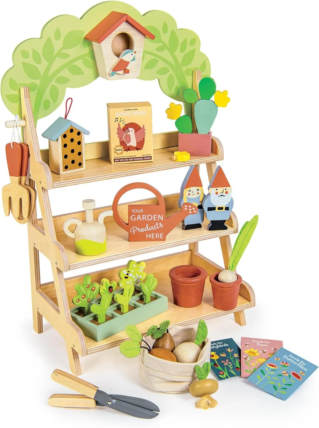 Tender Leaf Toys - Garden Centre - Wood Pretend Play Gardening Set Including Tools, Bird House, Gnomes and Accessories - Encourages Imaginative Play, Improves Language and Fine Motor Skills - Age 3 