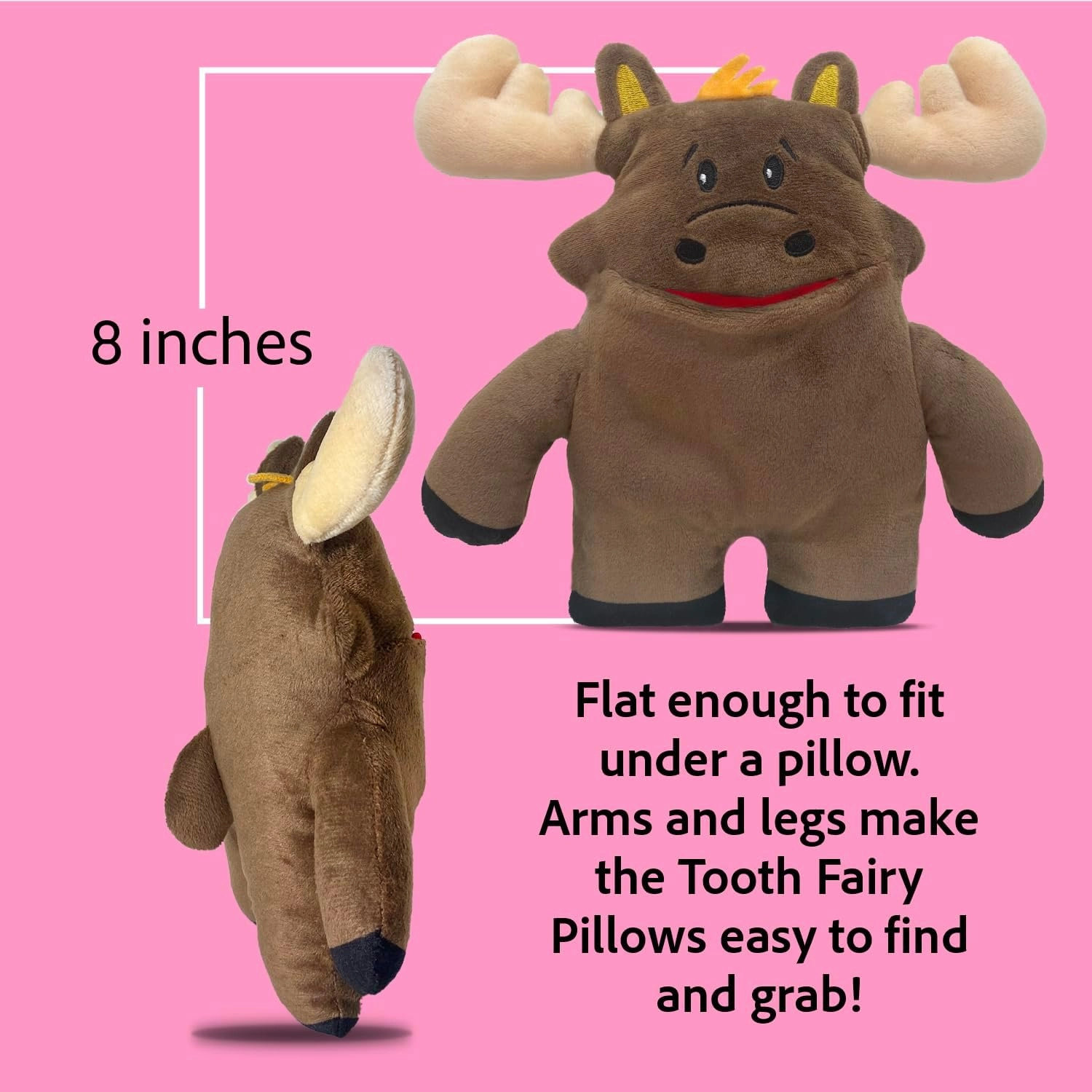 The Tooth Brigade Tooth Fairy Pillow | Stuffed Plush with Large Pocket Mouth for Lost Teeth, Treasures, Prizes - Fun and Interactive Plush, Perfect Kids, Boys, & Girls Gift (Twigs Moose)