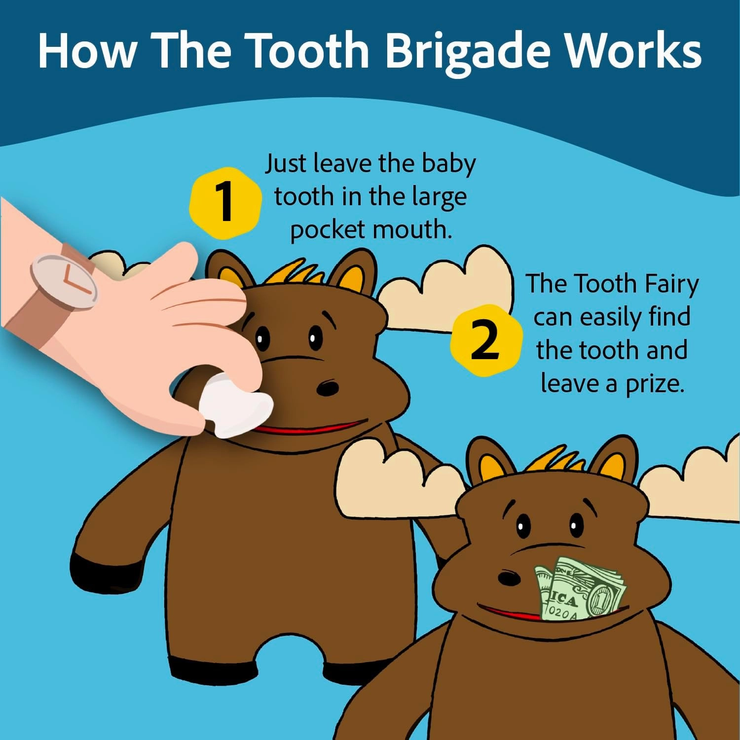 The Tooth Brigade Tooth Fairy Pillow | Stuffed Plush with Large Pocket Mouth for Lost Teeth, Treasures, Prizes - Fun and Interactive Plush, Perfect Kids, Boys, & Girls Gift (Twigs Moose)