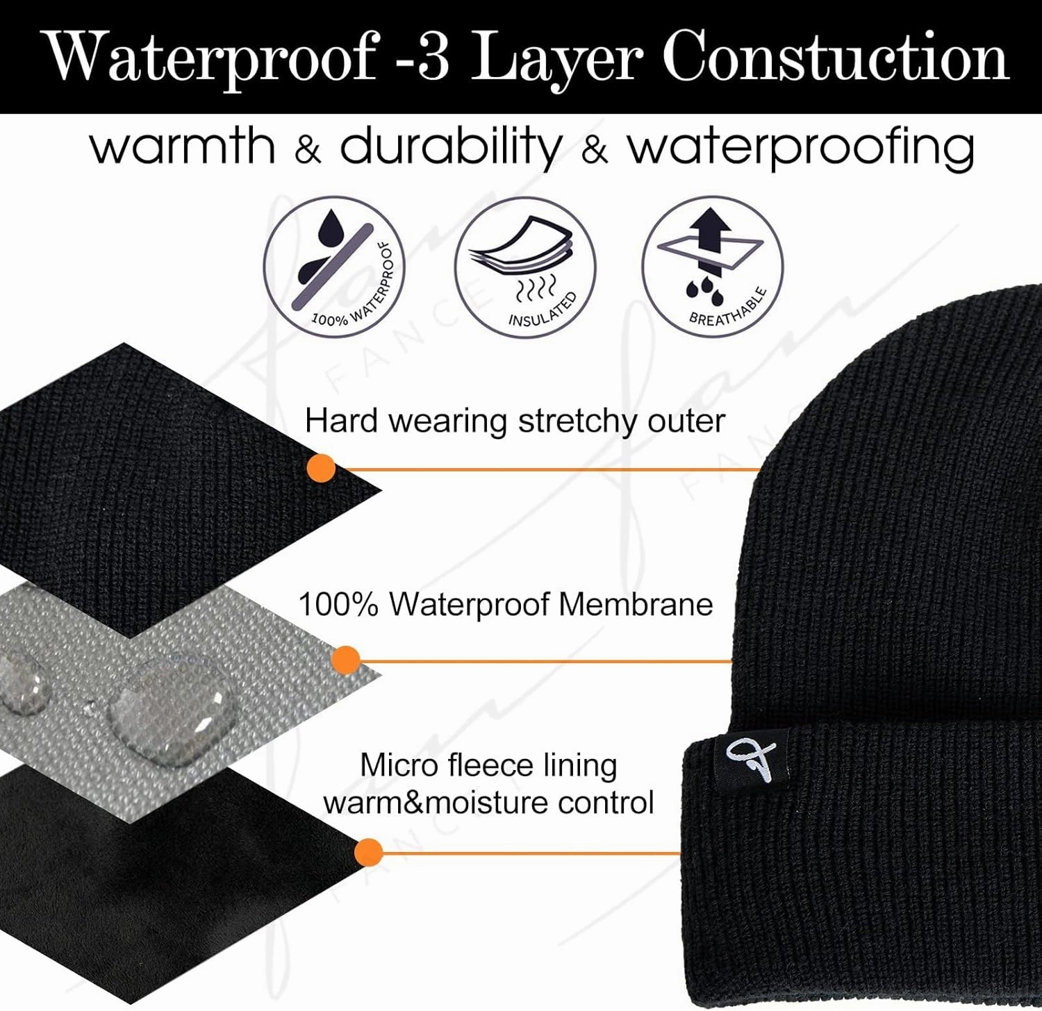 TOP-EX L/XL/XXL Waterproof Beanie Fleece Lined Hat for All-Weather Winter Warm