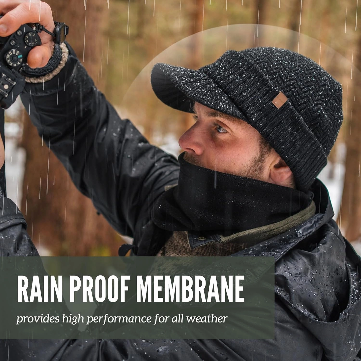 TOP-EX XL/XXL 50% Merino Wool Waterproof Visor Beanie All Weather Hat Fleece Lined with Circle Scarf Set