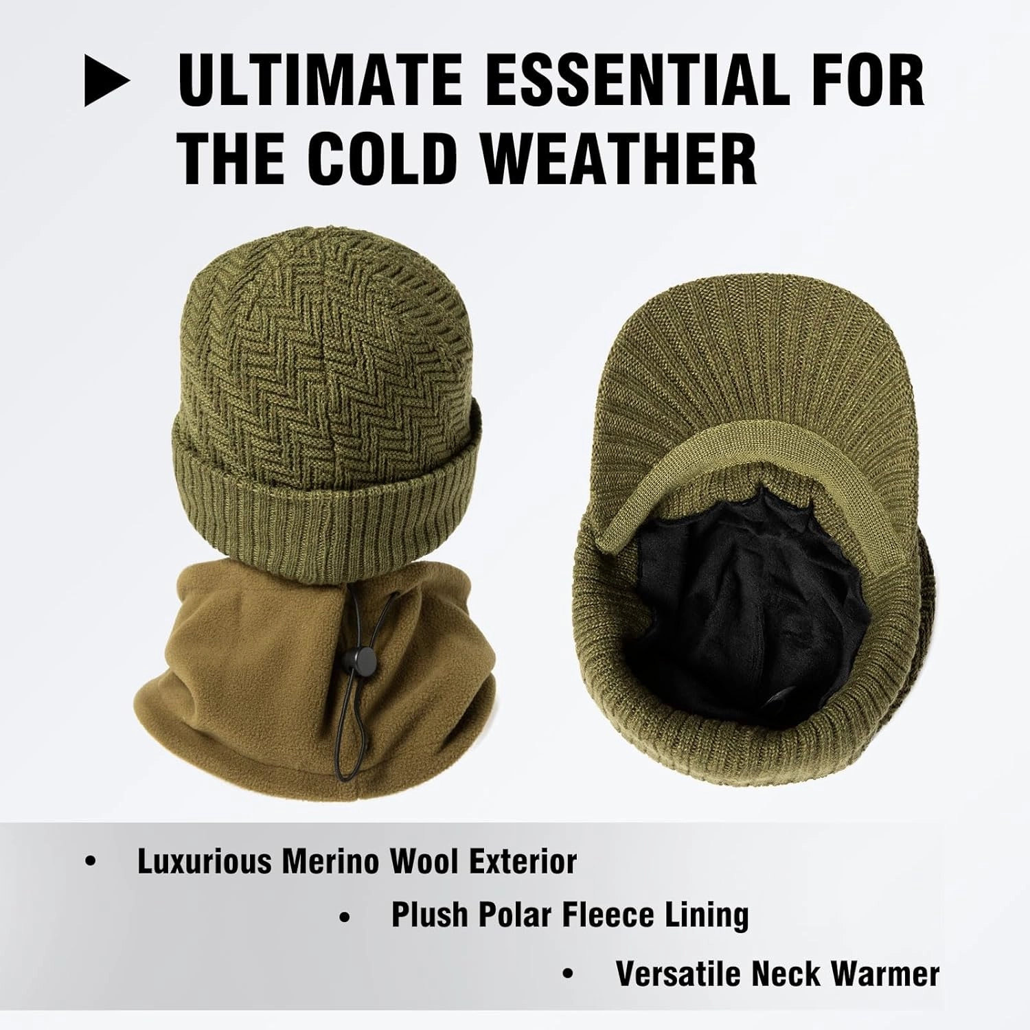 TOP-EX XL/XXL 50% Merino Wool Waterproof Visor Beanie All Weather Hat Fleece Lined with Circle Scarf Set