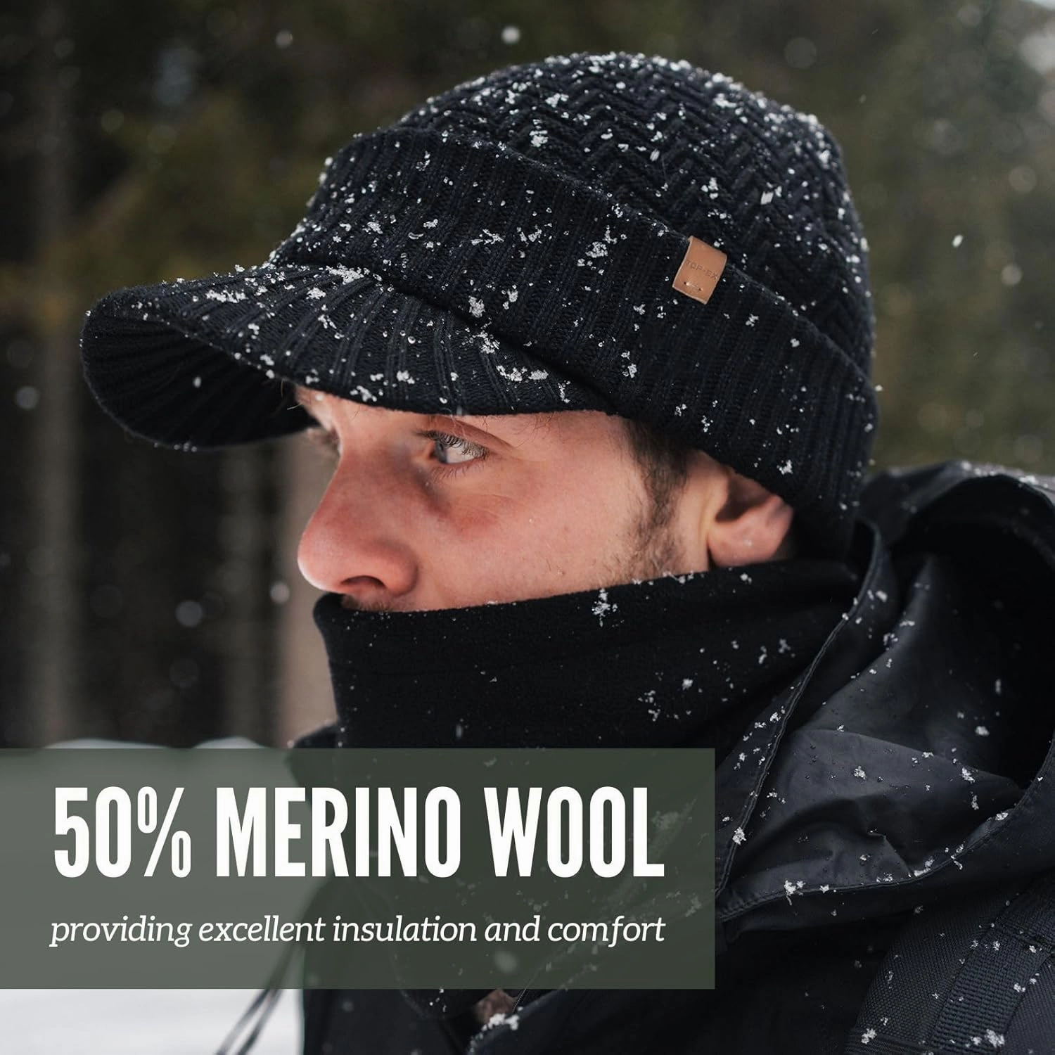 TOP-EX XL/XXL 50% Merino Wool Waterproof Visor Beanie All Weather Hat Fleece Lined with Circle Scarf Set