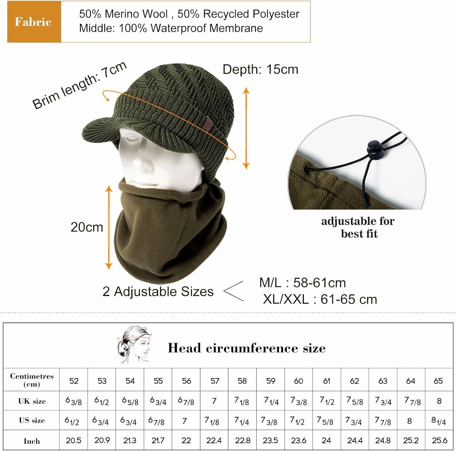 TOP-EX XL/XXL 50% Merino Wool Waterproof Visor Beanie All Weather Hat Fleece Lined with Circle Scarf Set