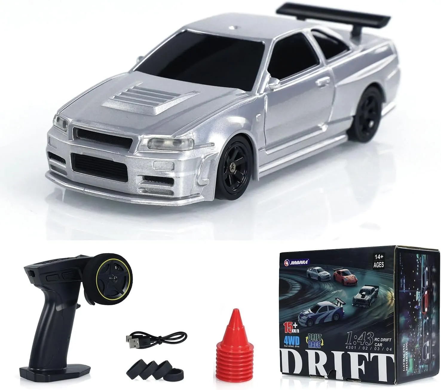 TOUCAN RC HOBBY 1:43 Remote Control Mini Drift Car Race Car Toy Radio Lights Traffic Safety Cone Without a Gyro Silver