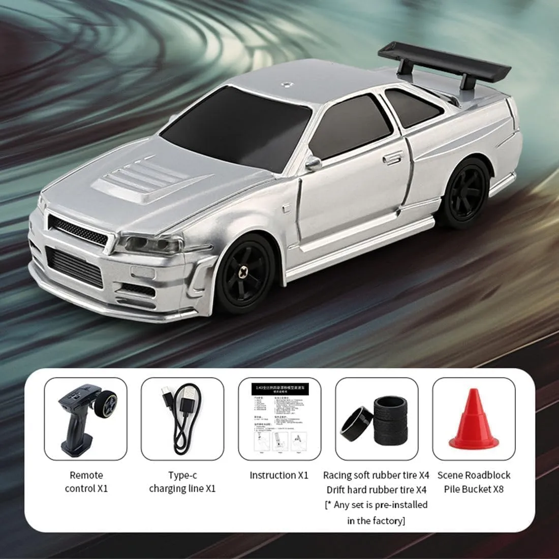 TOUCAN RC HOBBY 1:43 Remote Control Mini Drift Car Race Car Toy Radio Lights Traffic Safety Cone Without a Gyro Silver