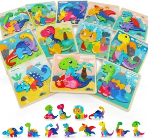 TOY Life Wooden Puzzles for Toddlers 2-4, 12 Pack Dinosaurs Puzzles for Toddler 1-3, Kids Montessori Toys for 1 2 3 Year Old, Educational Toys for Boys Girls Age 2 3 4 5, Baby Learning Toy Gifts