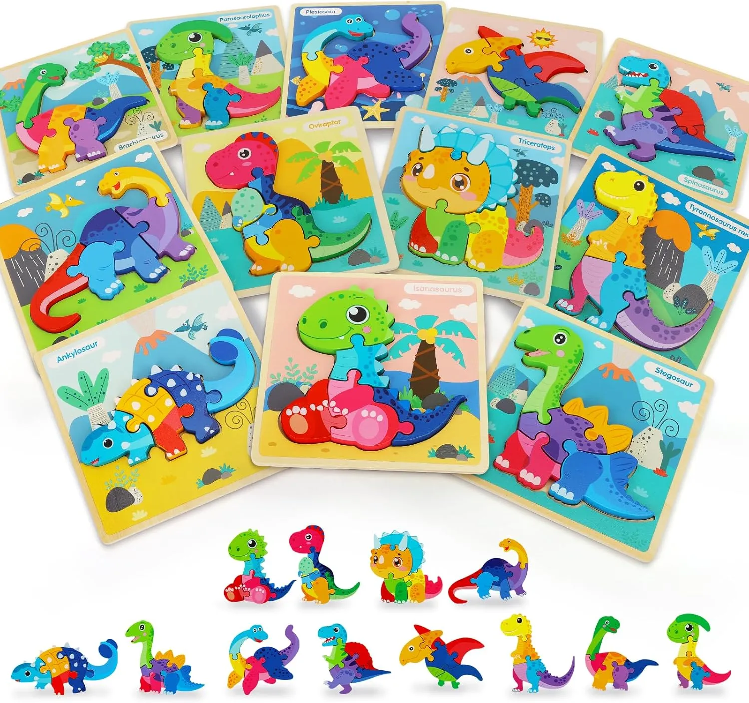 TOY Life Wooden Puzzles for Toddlers 2-4, 12 Pack Dinosaurs Puzzles for Toddler 1-3, Kids Montessori Toys for 1 2 3 Year Old, Educational Toys for Boys Girls Age 2 3 4 5, Baby Learning Toy Gifts