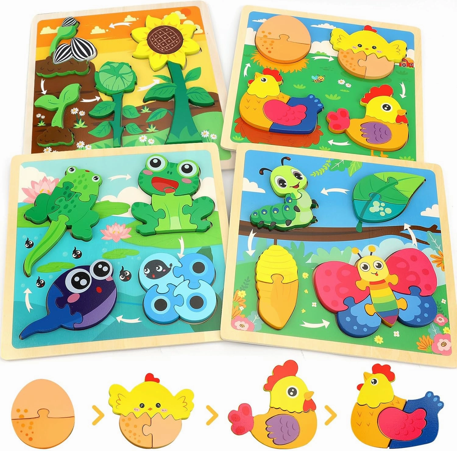 TOY Life Wooden Puzzles for Toddlers 2-4, 4 Pack Life Cycle of Animal Puzzle for Toddlers 1-3, Montessori Toys Gifts for 1 2 3 Year Old Boy Girl, Kids Learning Toy Educational, Baby Puzzles 12-18