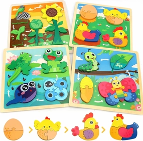 TOY Life Wooden Puzzles for Toddlers 2-4, 4 Pack Life Cycle of Animal Puzzle for Toddlers 1-3, Montessori Toys Gifts for 1 2 3 Year Old Boy Girl, Kids Learning Toy Educational, Baby Puzzles 12-18