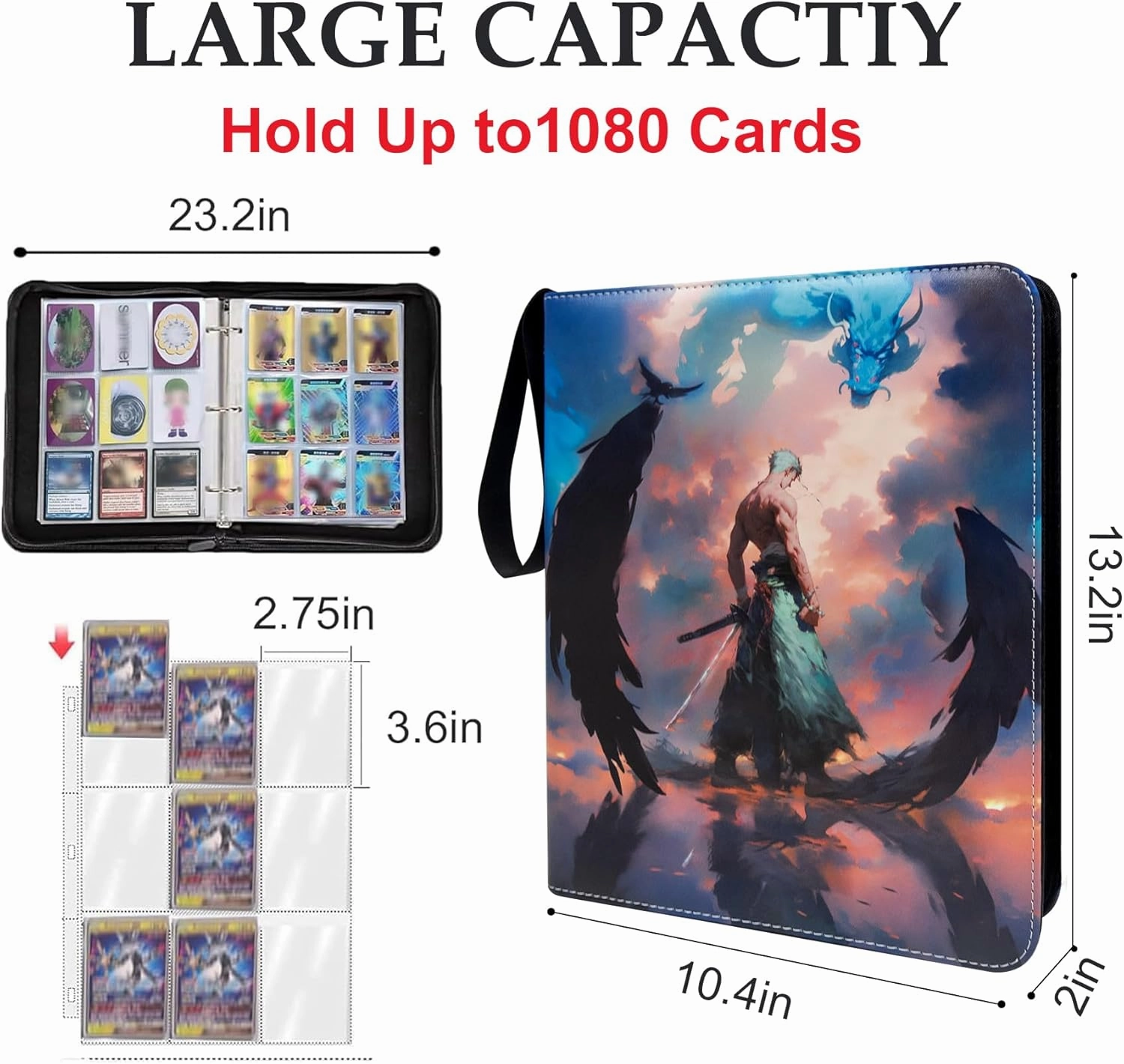 Trading Card Binder for One Piece Zoro Cards,9 Pocket with 60 Sleeves up to 1080 Cards One Piece TCG Card Binder,Waterproof Card Storage Bag with Sleeves,One Piece Zoro for Card Display Case