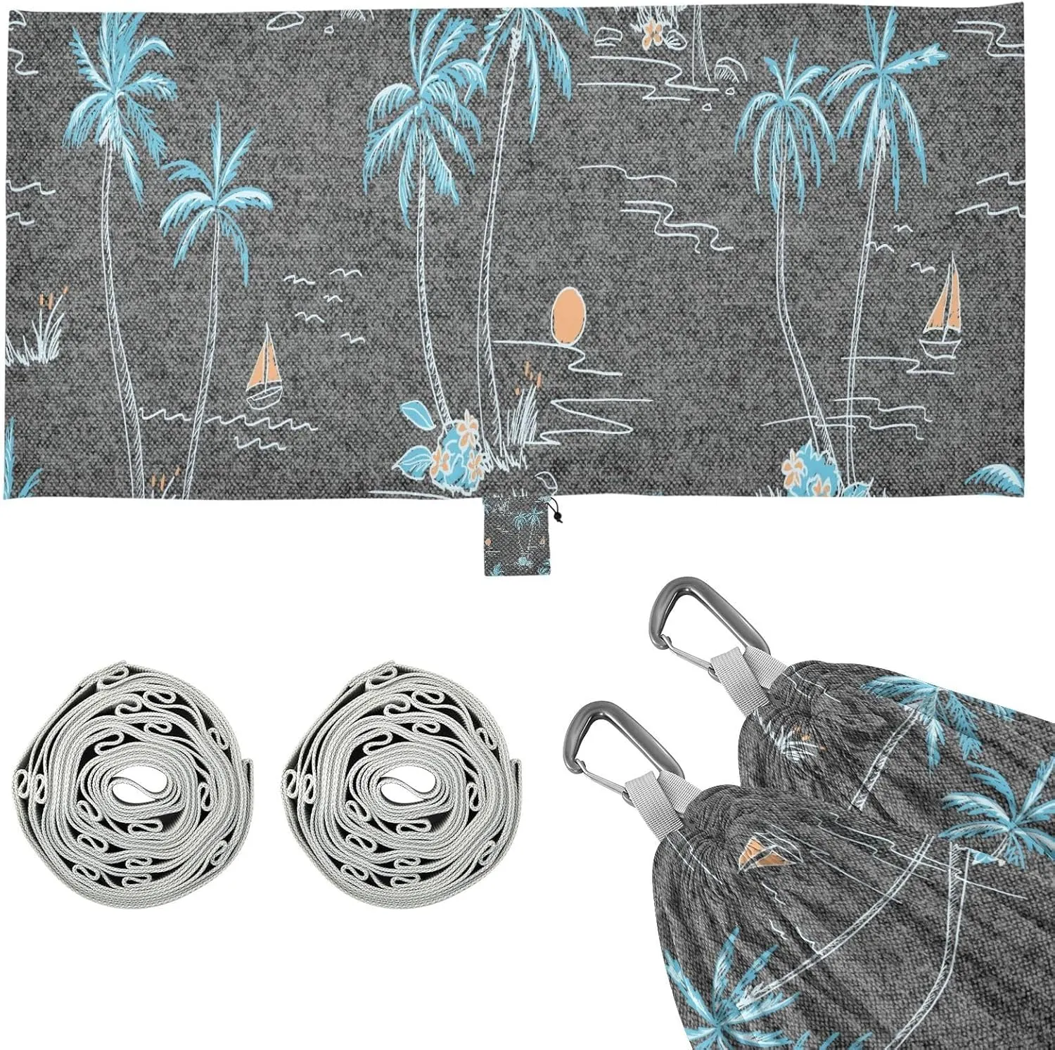 Tropical Palm Trees Grayish Black Camping Hammock Single Portable Hammocks 330 lbs Capacity with 2 Tree Straps and Attached Carry Bag,Perfect for Outdoor,Indoor,Beach,Camping,Travel