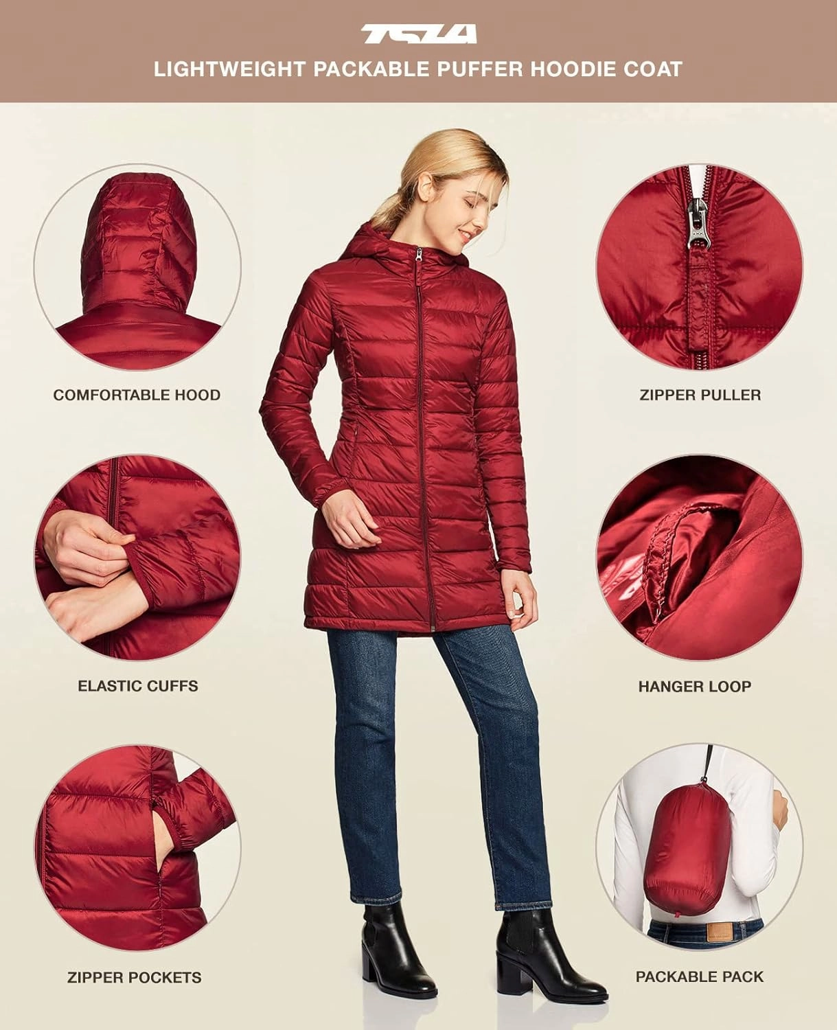 TSLA Women's Lightweight Packable Accent Puffer Jacket, Water-Resistant Winter Coat
