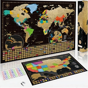 Two Scratch-Off Maps: World Map 17x24"   USA Map - Deluxe Travel Posters - Colorful Countries, US States, and Flags - Easy Scratch-Off Maps with Accessories for Travel Lovers - Name Tag Gift Box