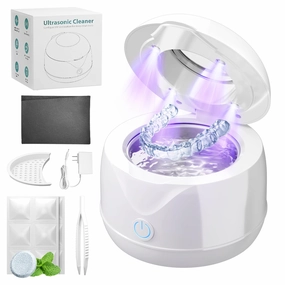 Ultrasonic Retainer Cleaner Machine, UV Retainer Cleaners, with 12Pcs Retainer Cleaner Tablets, 2 Mode Ultrasonic, 45kHz Dental Cleaning Pod for Denture, Night Guard, Mouth Guard, Braces, Jewelry