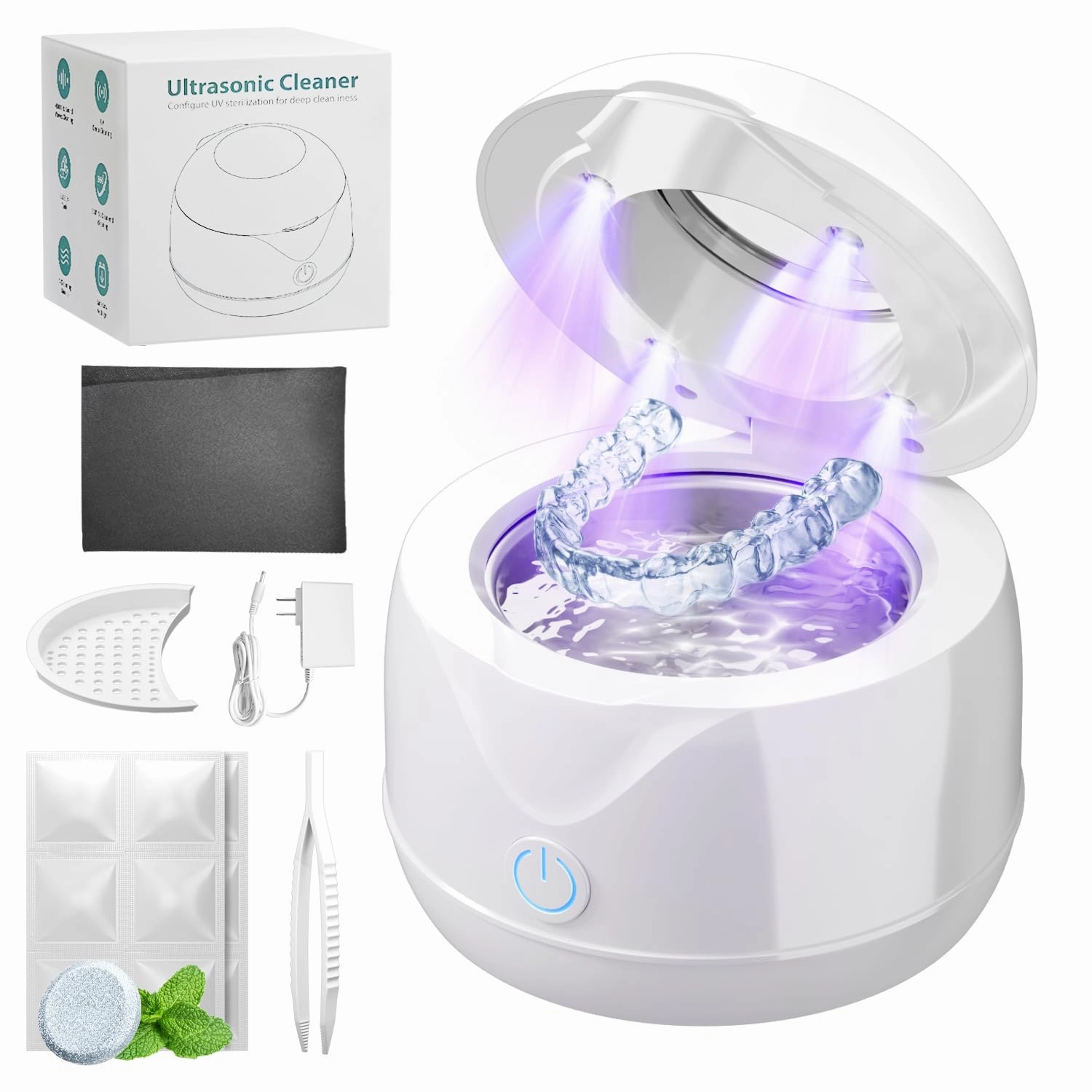 Ultrasonic Retainer Cleaner Machine, UV Retainer Cleaners, with 12Pcs Retainer Cleaner Tablets, 2 Mode Ultrasonic, 45kHz Dental Cleaning Pod for Denture, Night Guard, Mouth Guard, Braces, Jewelry