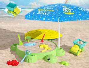 Upgraded Kids Turtle Sandbox with Lid & Adjustable Umbrella, Truck Toy & 8pcs Sand Shovels, Sand Box with Cover, Beach Toys for Toddlers 3-5, Plastic Indoor Outdoor Play Toys Gift for Girls Boys